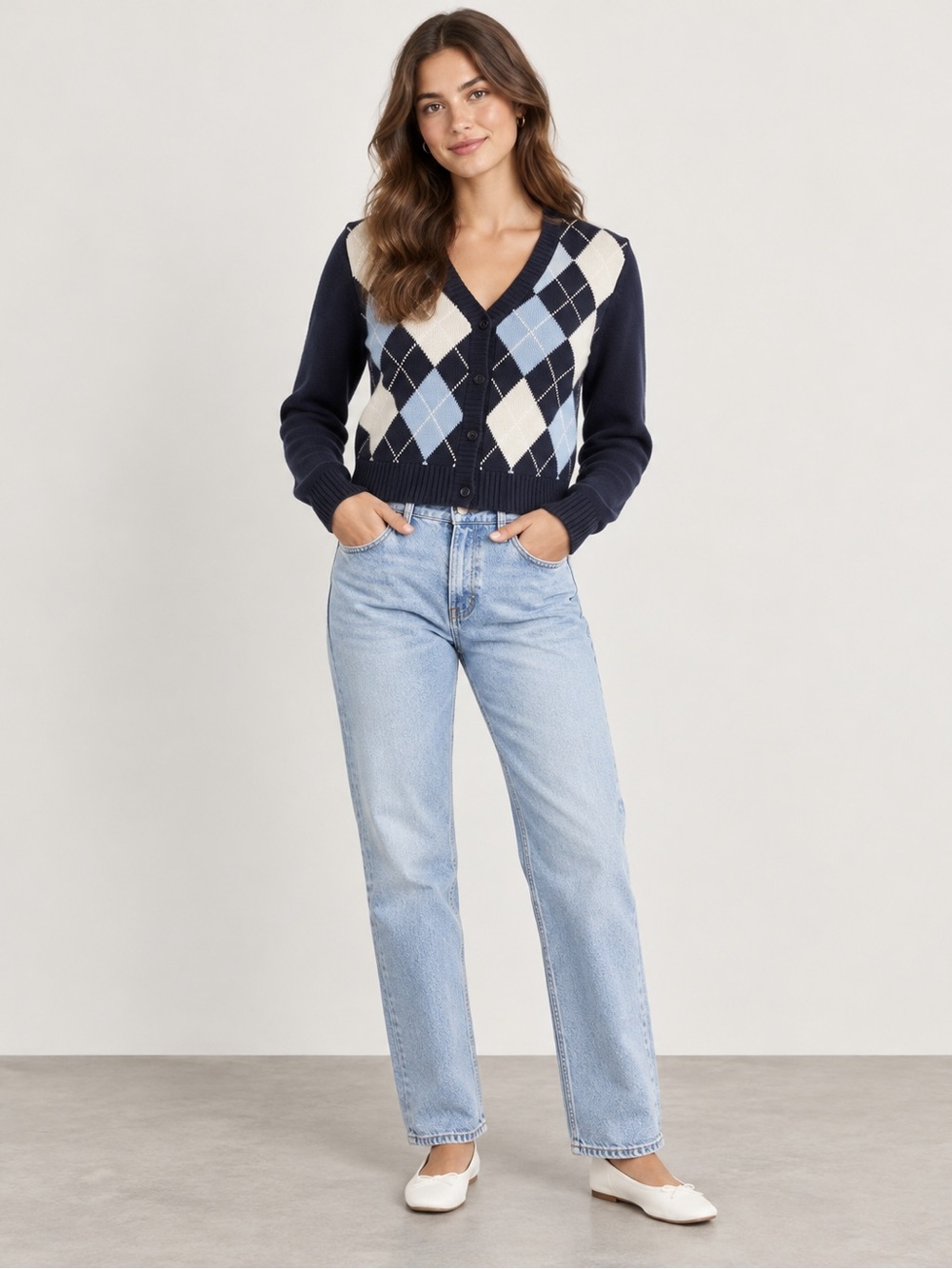 Brandy Melville Argyle Cardigan Sweater Size S Navy Blue White 100% Cotton